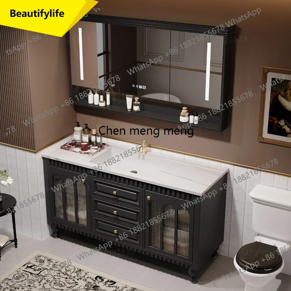 

6239 French oak floor-to-ceiling bathroom cabinet, washstand, rock slab basin, face wash basin cabinet combination