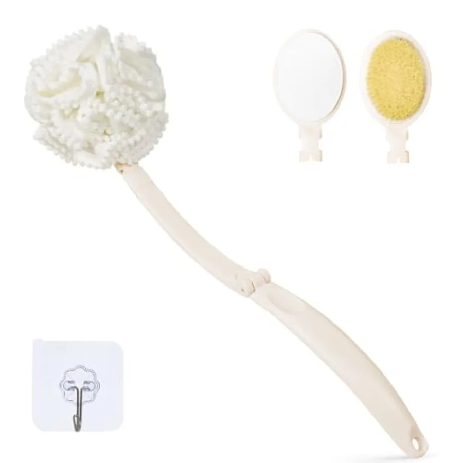 

Loofah Sponge with HandleBack Scrubber Brush for Shower Lotion Applicator for Back 3 in 1 Shower Kit White loofah