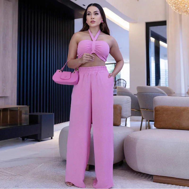 

Two Pieces Pink Outfit for Women Halter Backless Short Top Wide Leg Pants Sexy Party Sets for Girls Streetwear for Summer Luxury