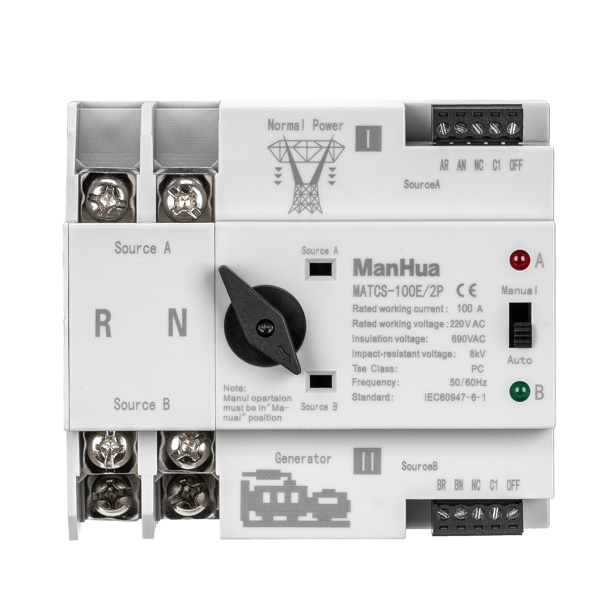 ManHua MATCS-100E/2P 100A 220VAC Dual Power Automatic Transfer Switch PC Type Switch DIN-Rail Mounting Black Handle