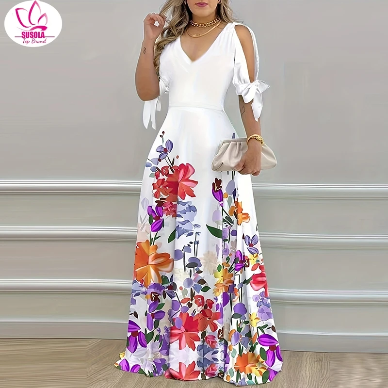 

SUSOLA Summer Elegant Women Sexy V Neck Bohemian Long Dress Floral Print Party Dress Tie-up Short Sleeve Hollow Maxi Dresses