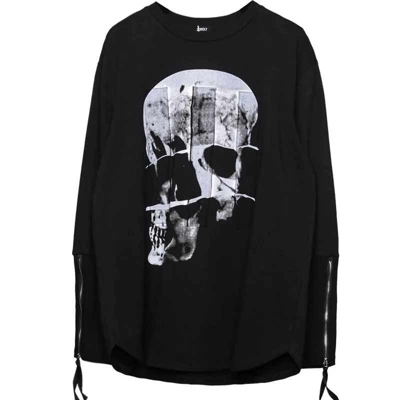 Hip Hop Long Sleeve T-Shirt Men 2022 Autumn Dark Personalized Printing Streetwear Sweat Shirts Cotton Tops Tees Black