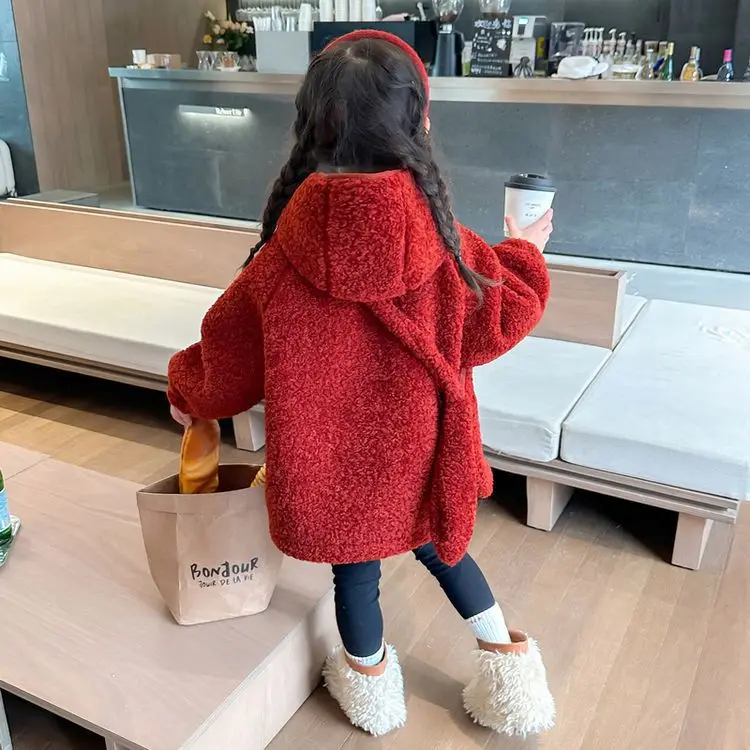 Autumn Winter Children Girl Jackets Rabbit Button Fleece Hooded Baby Girl Outerwear Coat Solid Long Sleeve Warm Little Girl Coat