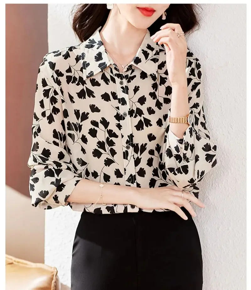 Anieces Vintage Print Dames Chiffon Shirts Elegante Lange Mouw Revers Single-Breasted Kantoor Dames Blouses Casual Tops Hemdjes