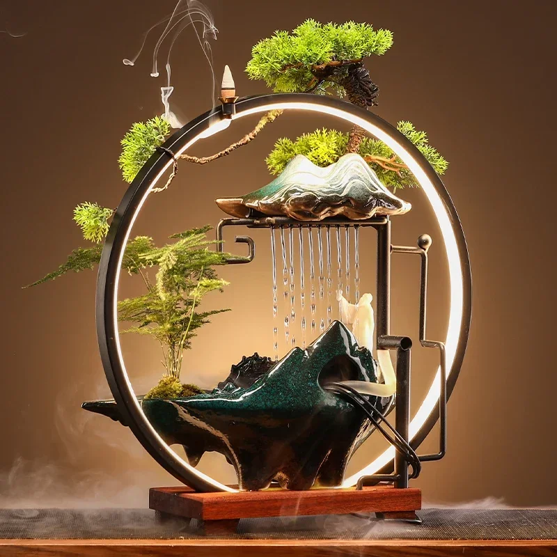 Lucky Deer Fortune Fontaine, Lampe LED Alberoise, Brûleur d\'Encens à Reflux en Céramique, Ornement de Décoration Intérieure Feng Shui Rockery, 220