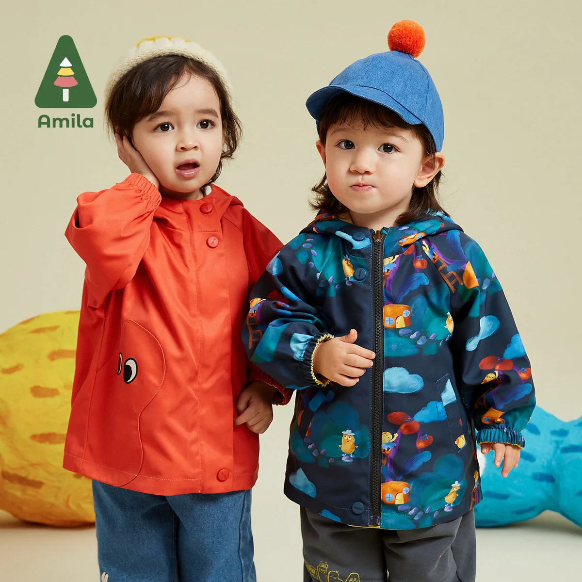 Amila Baby Jacket 2023 Autumn New  Theme Printing Rain Hat Brim Design Two Sided Dressing Girls Boys Cute Children Clothes