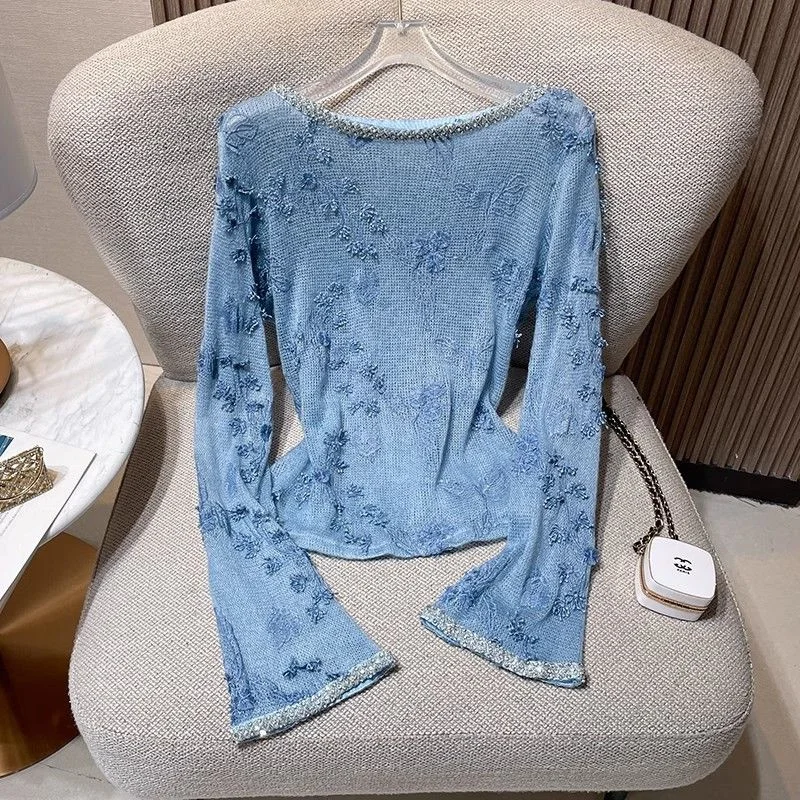 

Summer Slim Fit Flare Sleeve Tops High End Slim Diamonds Embroidery Tee 193A French Luxury Blue Beaded T-shirt Women
