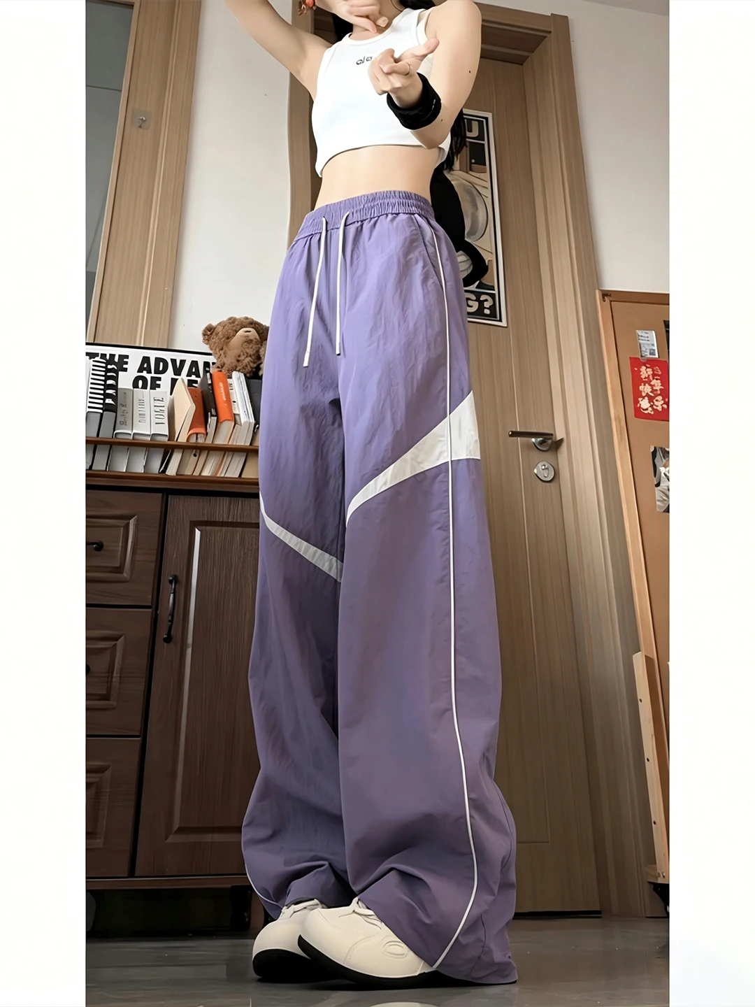 American Color Block Quick Dry Pants Men Women Summer Thin Cool Feeling Ice Silk Sports Casual Pants Striped Patchwork Straig...