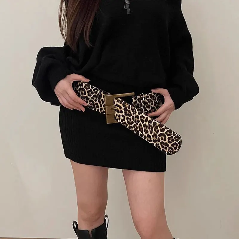 Y2k Leopard Print Personalized Belt Punk Style Women's Wide Waistband Sexy Style Girl Dress Jeans Belt Clothing Accessories