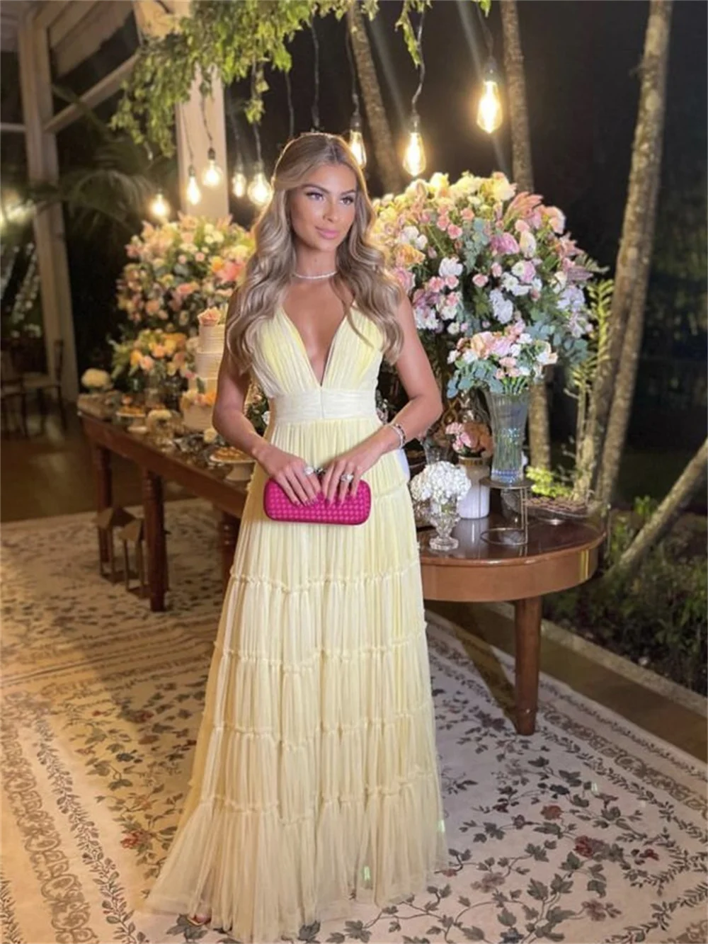 Annie-Robe de Soirée en Tulle Jaune Clair, Forme A, Col en V, Tenue Formelle Élégante pour Occasions Spéciales