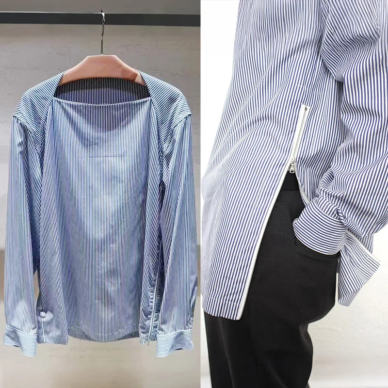 

【Gift Free】2026 Early Spring British Style Pinstripe One-Shoulder Long Sleeve Loose Shirt with Side Slit