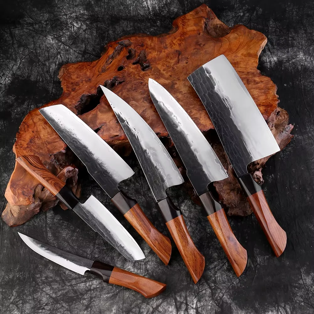 

Kitchen Knife 1-6Pcs Set Hand Forged Triple-layer Composite Steel 9CR18 Core Sharp Chef Cleaver Knife Slicing Knife Wood Handle