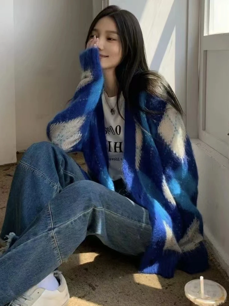 Retro Cardigans Women Chic Argyle Basic Loose College Streetwear Knitting Fashion Ins Popular Long Sleeved Clothing Unisex