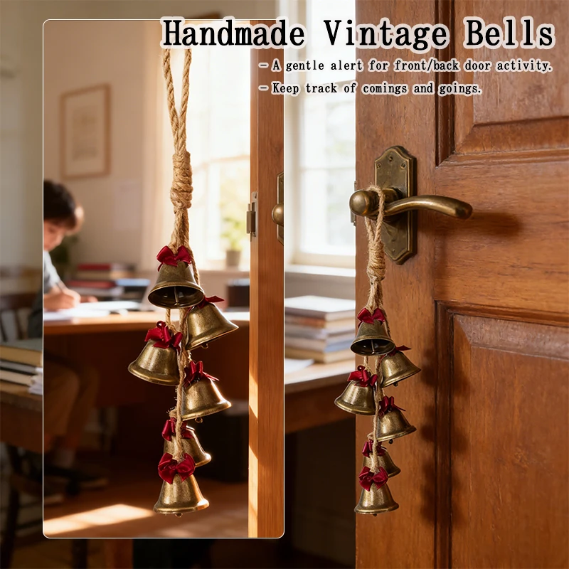 Handmade Hemp Rope Door Bells Classic Antique Bronze Bell Strand with Bow Accents  Store Welcom Bells Chime for Boutiques Cafes
