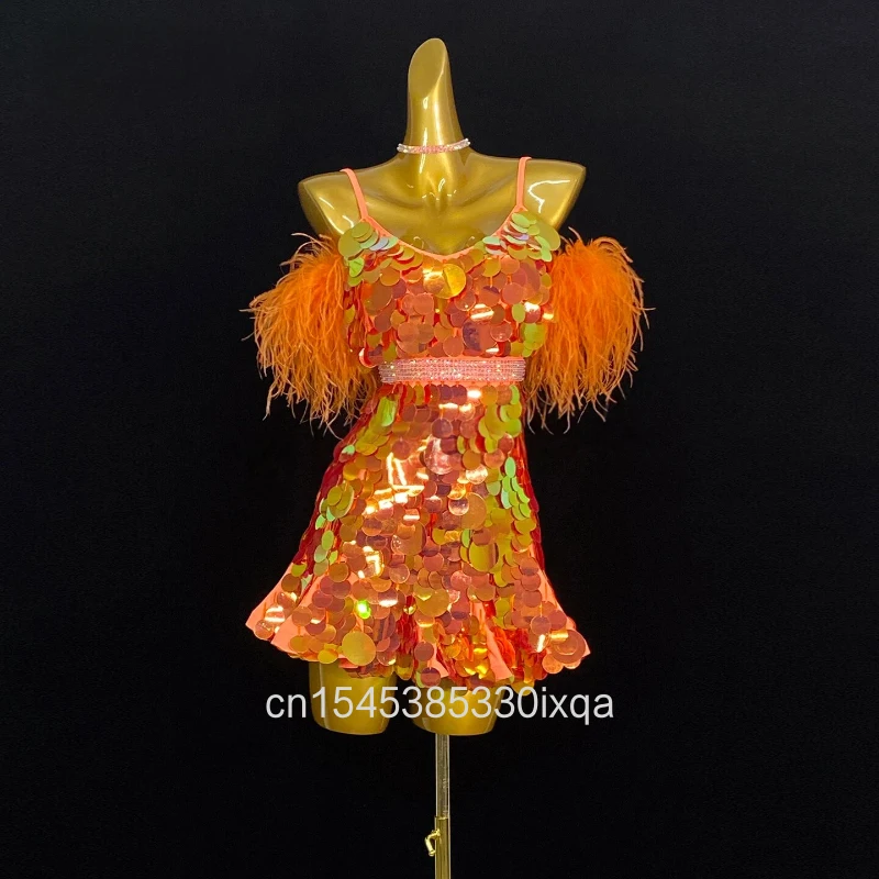 Latin Dance International Stage Women's High-end Custom Sequin Orange Big Fluff Samba Rhinestone Performance Costume Dress