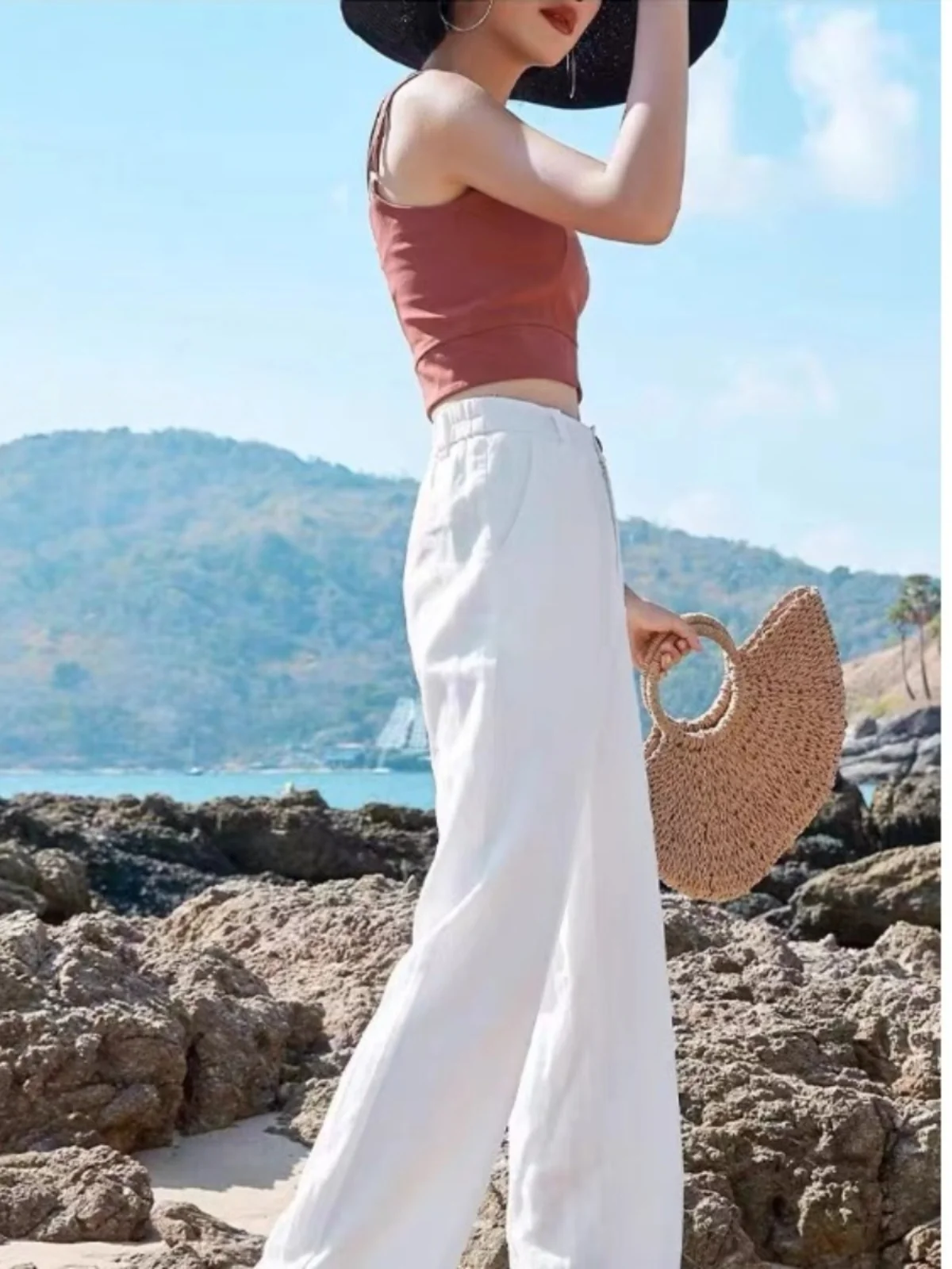 ارتفاع الخصر السراويل واسعة الساق المرأة الصيف رقيقة القطن الكتان عارضة السراويل التخسيس ثنى مستقيم السراويل الطويلة #2