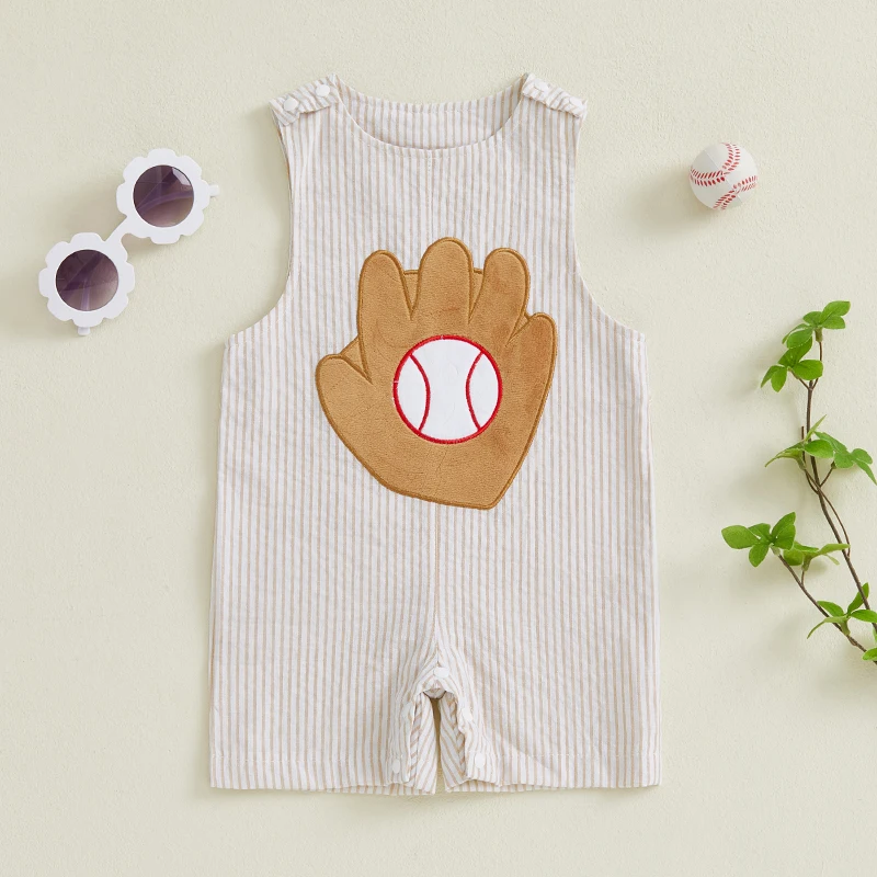 

Baby Summer Overall Baseball Embroidery Sleeveless Round Neck Stripe Jumpsuit for Boys Girls