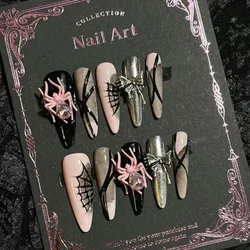 10pcs Extra Long Handmade Press on Nail Black and pink funny punk style with pink spider Decoration Wearable False Nail