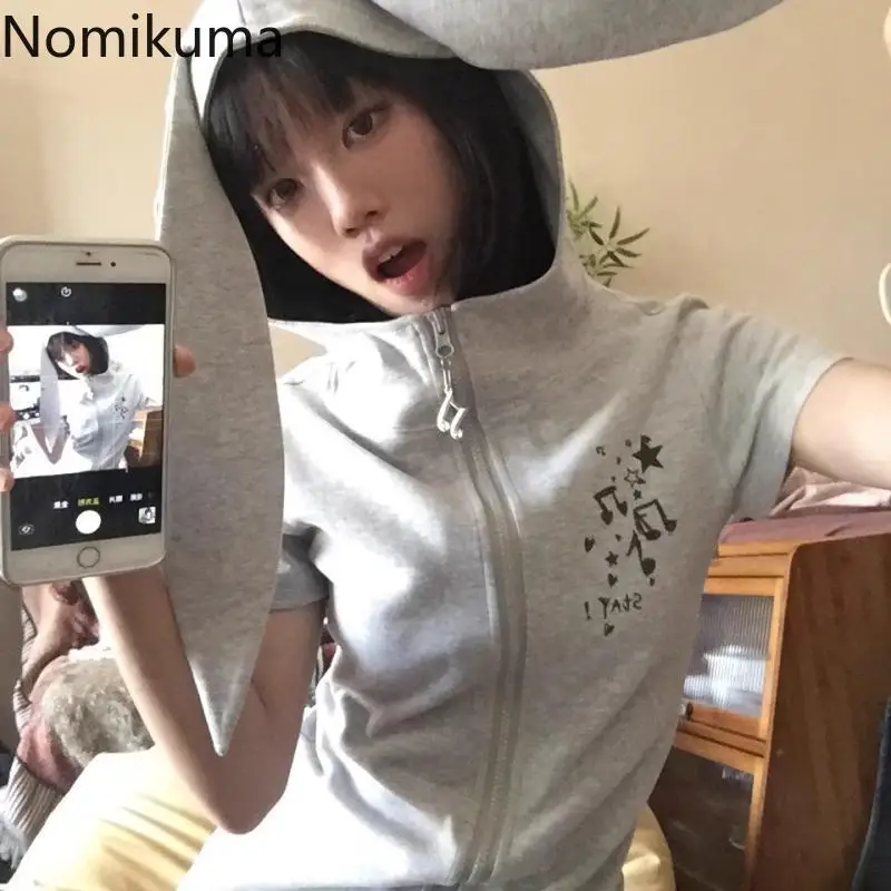 

Rabbit Ears Hooded Sweatshirts Short Sleeve Zipper Cartoon Hoodie Women Y2k Tops Casual Chic Cute Hoodies Coat 2025 Ropa Mujer