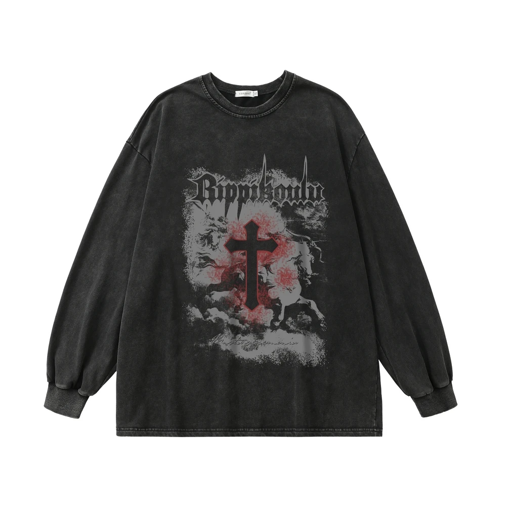 Cross Print Graphic Washed T Shirts Punk Clothes Vintage Men And Women Oversized Retro Tshirt Harajuku Long Sleeve 2022 Top Tees