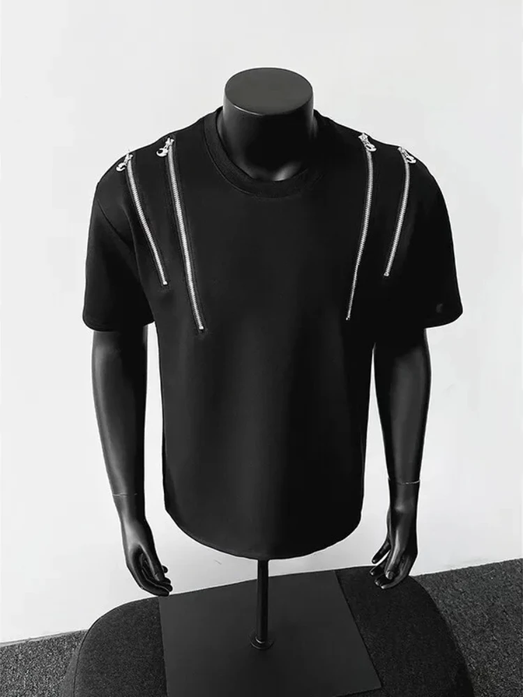 Mens T Shirt Padded Shoulder Structured Fit Summer Tee Harajuku Unisex Small Collar High Street Casual Fashion Trend New Arrival