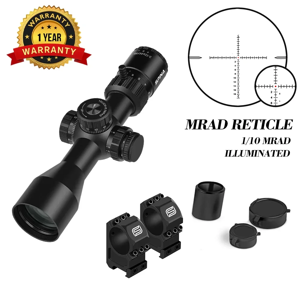 SPINA OPTICS Riptide HD 3-12x44 FFP SFIR Kompakte Zielfernrohr Optik Tactical Jagd Seitliche Parallaxenverstellung für Karabiner AR15 PCP .308 5.56 22LR 6