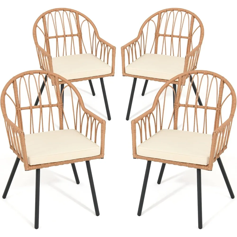 4 قطع من كراسي تناول الطعام المصنوعة من الخيزران، مجموعة أثاث الفناء الداخلي والخارجي مع وسادة وظهر منحني مناسب لجميع الأحوال الجوية