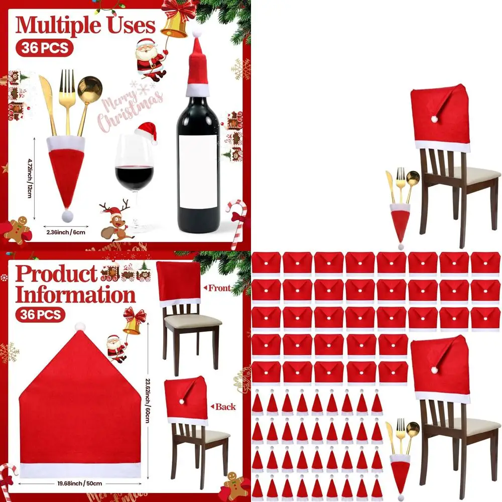 Chumia 72 Pcs Christmas Chair Covers and Santa Hats Silverware Holders Red Christmas Dining Chair Back Slipcovers for Xmas Holid