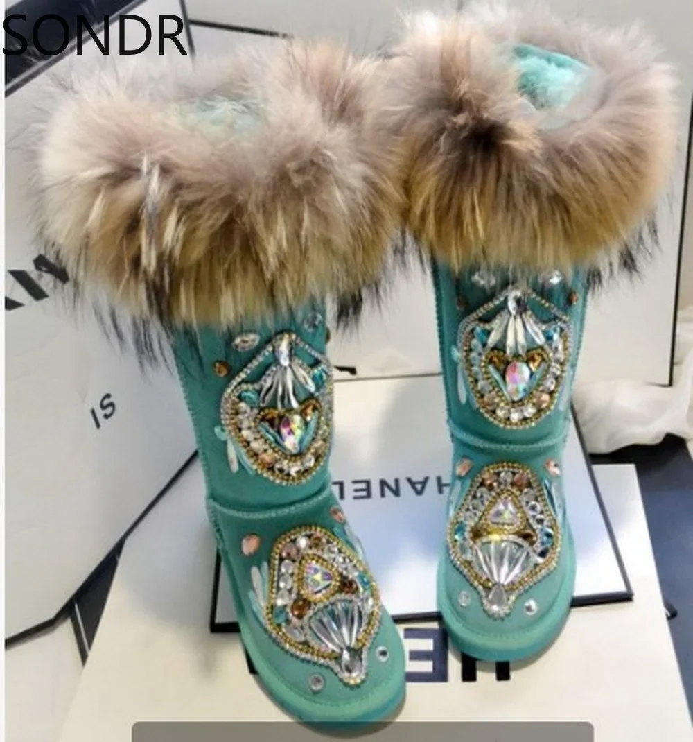 Womens Real Fox Fur Trim Knee High Boots Rhinestones Crystal DIY Winter Snow Warm Fur Lining Thick Shoes Australia New 2024