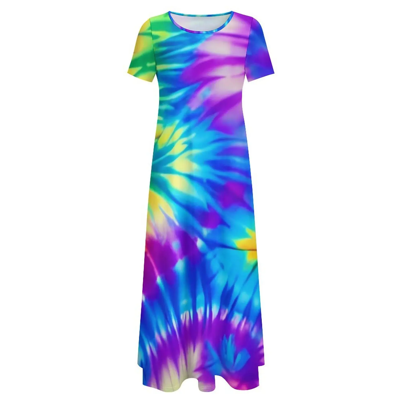 Abito colorato Tie Dye stampa arcobaleno abito lungo carino Street Style Boho Beach abiti lunghi donna manica corta abbigliamento oversize