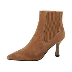 New Arrived Kid Suede Women Ankle Boots Autumn Winter Black Caramel High Thin Heel Sexy Pointed Toe Splicing Slip On Boot E50-72