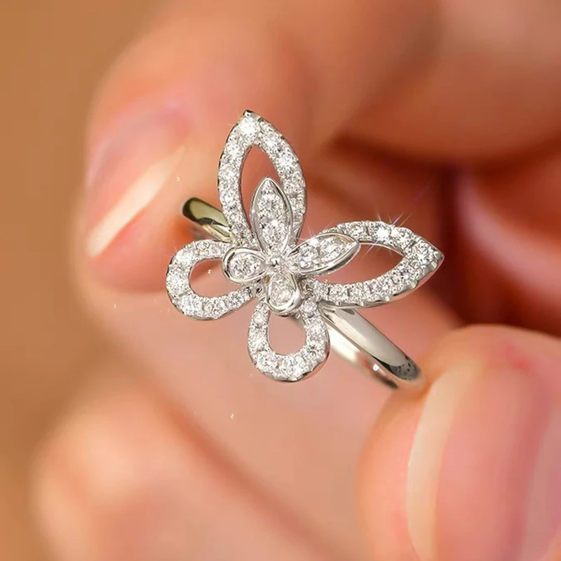 1 Pc Elegant Butterfly Synthetic Zirconia Ring Luxury Shiny Bridal Wedding Ring Women's Exquisite Commemorative Ring Gift Girls' Daily Essential Jewelry Accessories