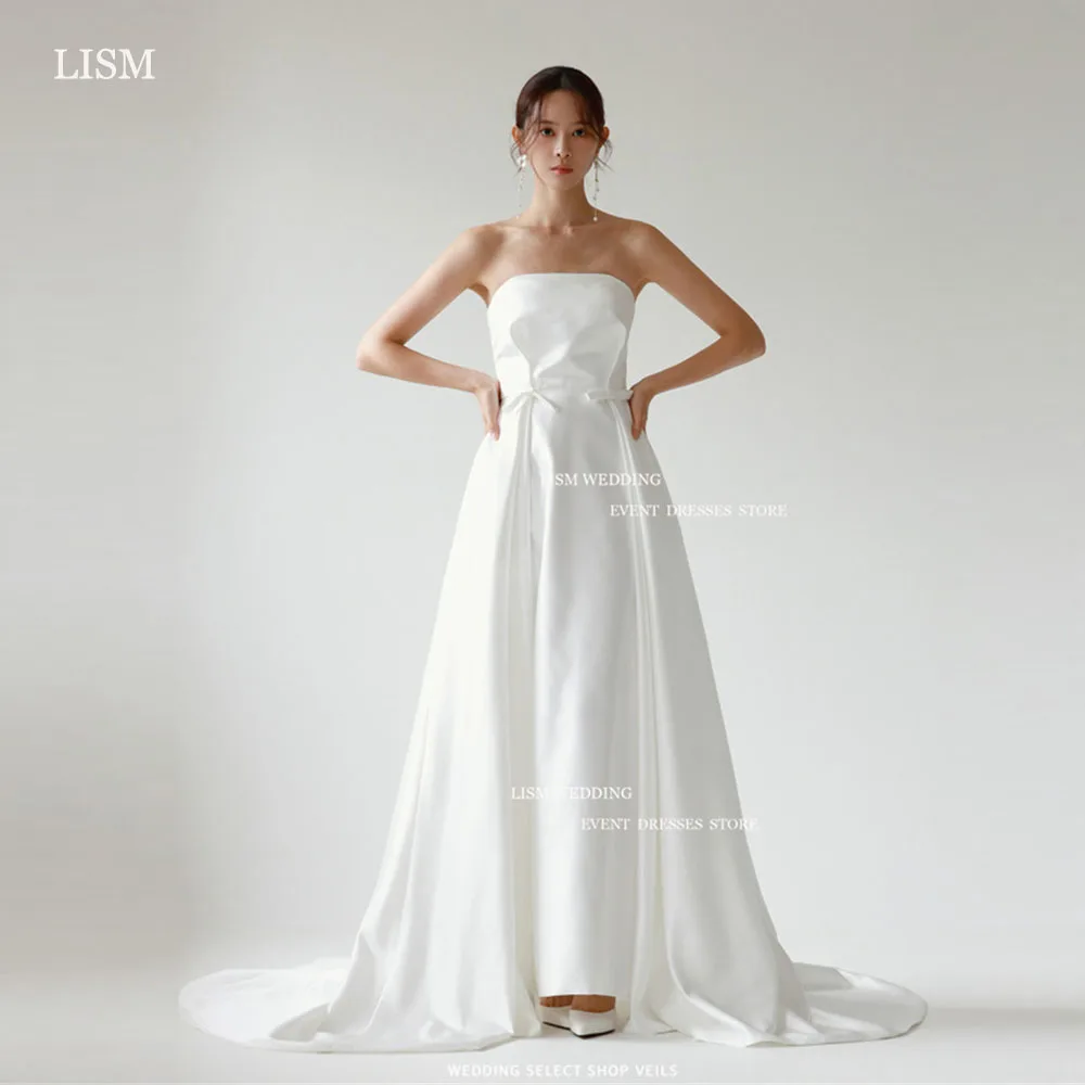 LISM Simple Satin A-Line Wedding Dresses Korea Photo Shoot Strapless Corset Back Bridal Gowns Floor Length Formal Dress Custom