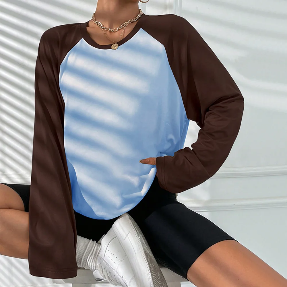 Women Spring Summer American Retro Color Block Raglan Long Sleeve T Shirt Loose