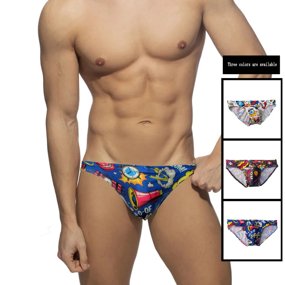 

New bikini shorts low waist European and American pop print briefs sexy tether swimming trunks