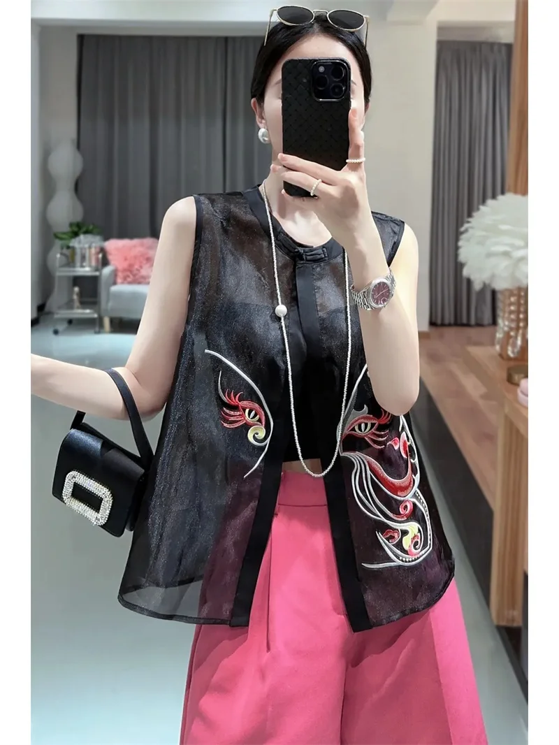 2024 High end New Chinese Vest Women's Summer Thin Shoulder Sweetheart Layered Outerwear Tank Top Eugen Embroidered Horse Coat