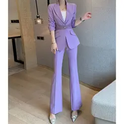 Abito da donna temperamento di fascia alta viola 2 pezzi Blazer in pizzo resistente + fondo a campana Slim Fitting Office pendolarismo donne eleganti