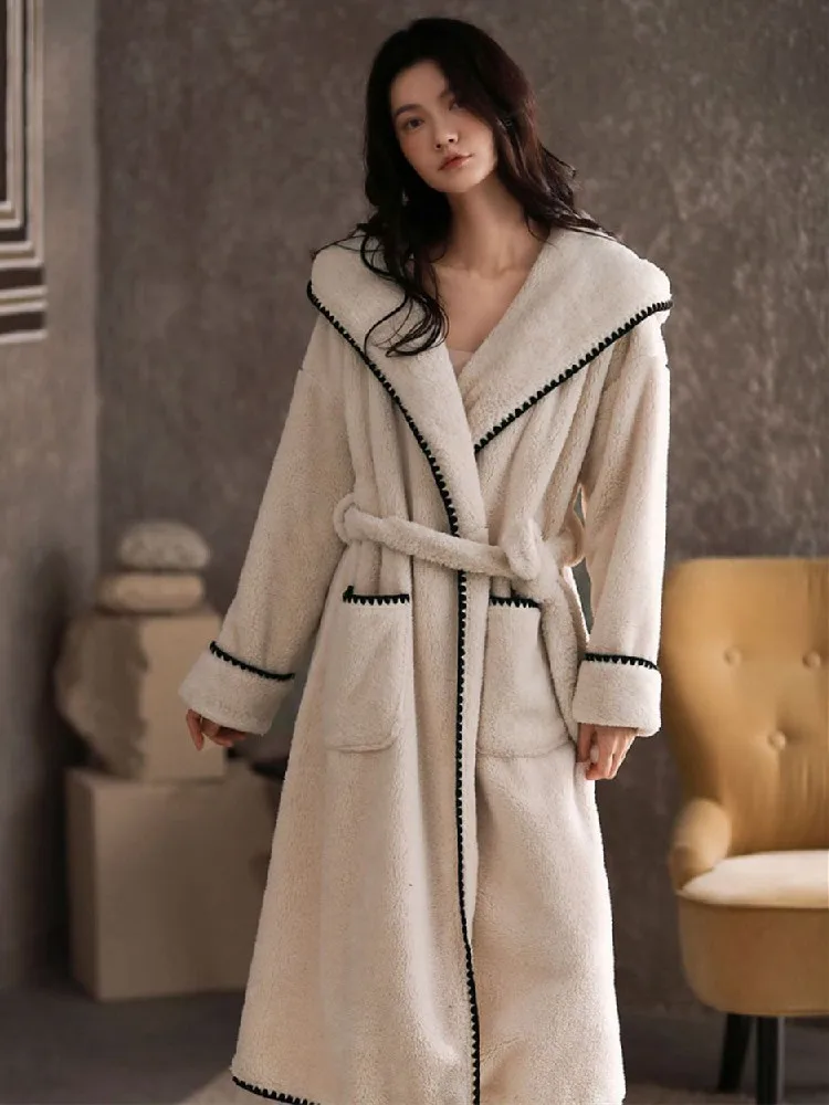 Korean style Women New Winter Nightgown Thicken Warm Flannel Robes Long Sleeve Hooded Sweet Cute Nightwear Femme Homewear