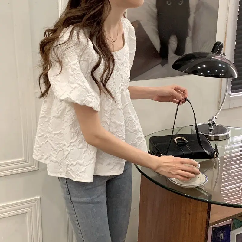 Women\'s Clothing Trendy Pleated Texture Square Collar White Kawaii Blouse 2023 Summer Sweet Chic Puff Short Sleeve Shirts Blusas