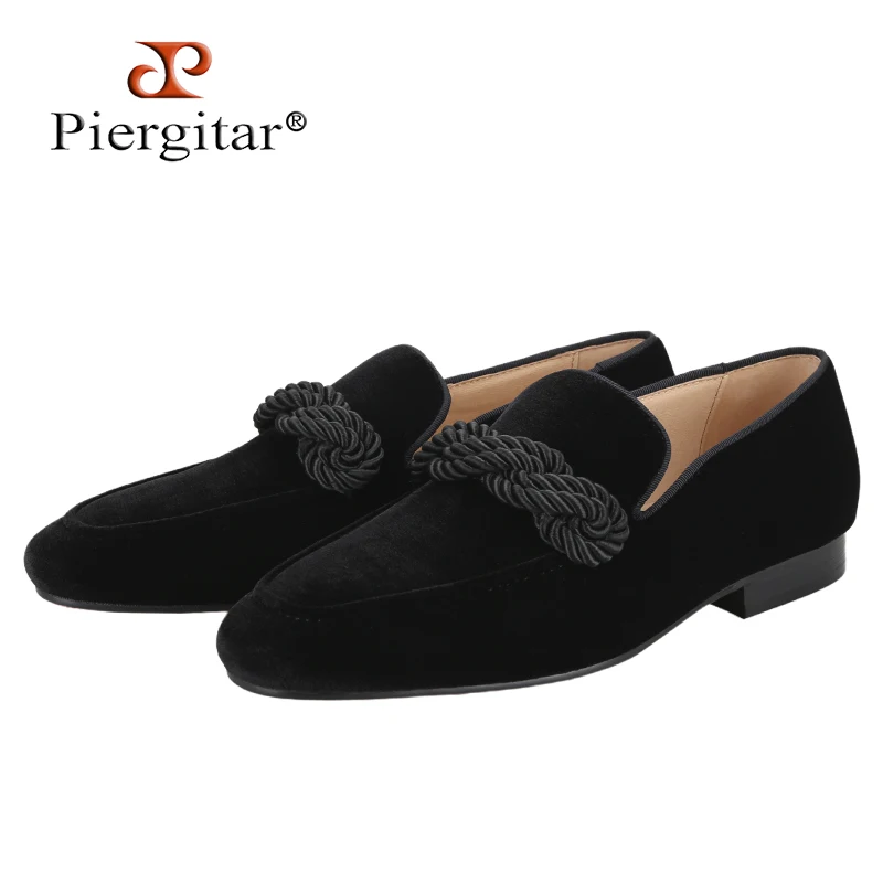 Piergitar Black And Burgundy Velvet With Handmade Twists Rape Design Slip-On Loafers Classic Style Men Smoking Slippers Red Sole