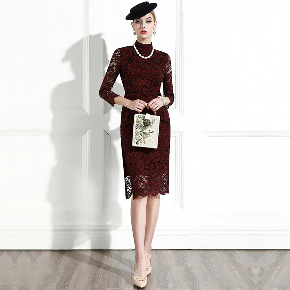 

Lace Cheongsam Early Autumn New Chic Vintage Celebrity Elegant Wine Red Daily Improved Cheongsam Skirt