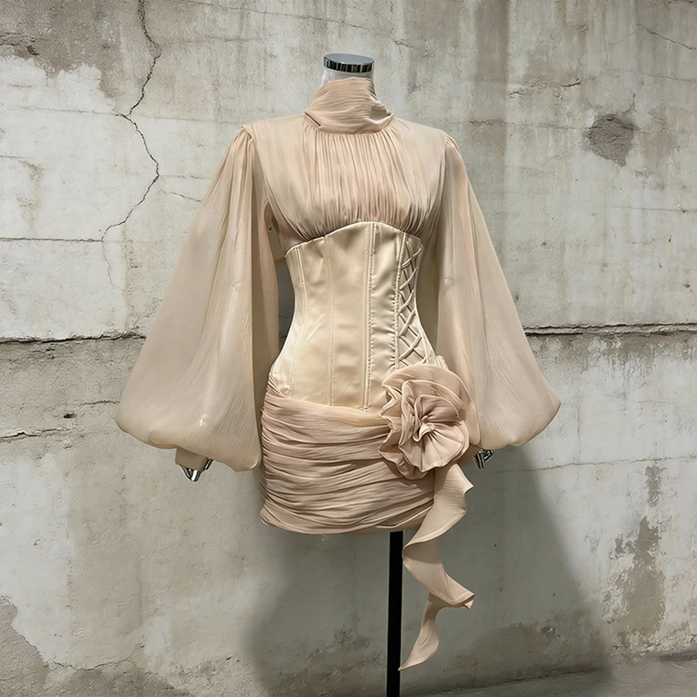 Sweet Cool Spicy Girl Style Short Skirt 2026 New Half High Collar Lantern Sleeve Waist Strap 3D Large Flower Dress for Women