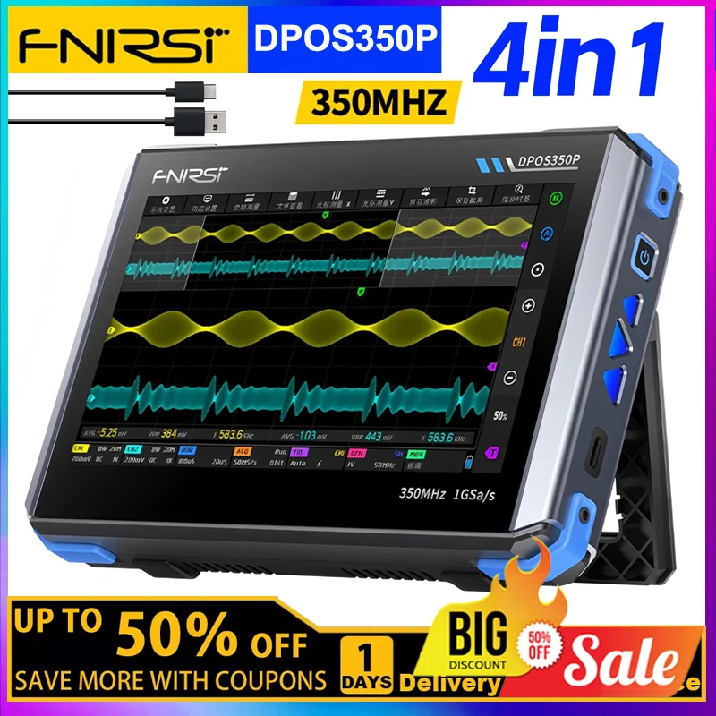 Analisador de resposta de frequência FNIRSI DPOS350P, osciloscópio plano quatro em um, gerador de sinal de 2 canais 350 MHz, 50 MHz, espectro