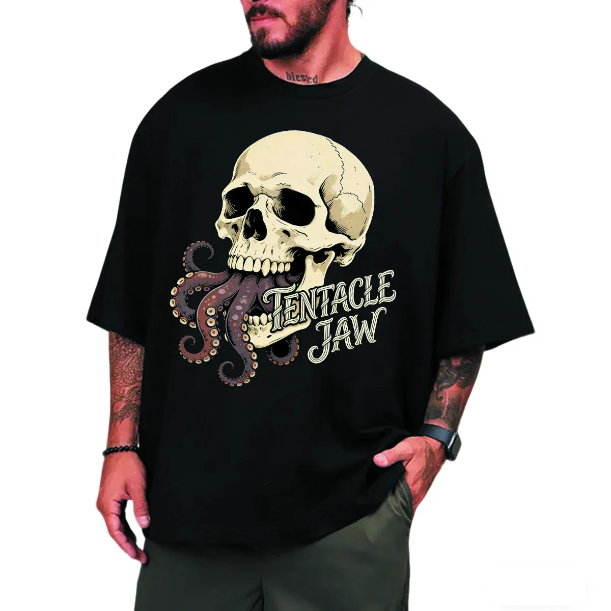 1PC tij merk schedelpatroon schouder katoenen T-shirt met korte mouwen losse grote maat heren T-shirt met ronde hals