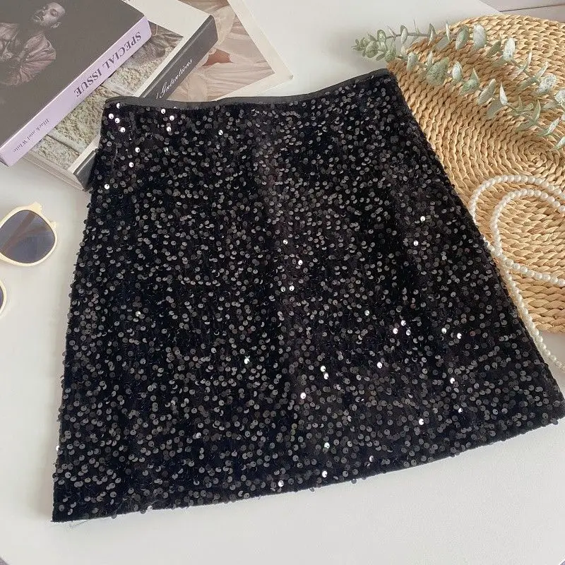 Wedbleser Fashion Korean Versatile Design Sparkling Sequins High Waist Slimming Short A-line Hip Hugging Skirts Women