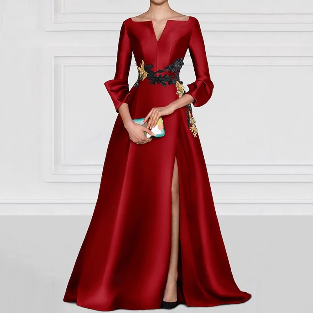 

DRESS RORU V-Neck Satin Evening Dress Classic Applique A-Line Side Slit Floor Length Three Quarter Formal Party Gowns Customized