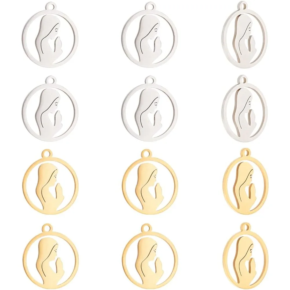 

12pcs 2 Colors 15mm Diameter 201 Stainless Steel Pendants Ring and Mary Shape Flat Round Hollow Charms Drop Dangle Earring Charm