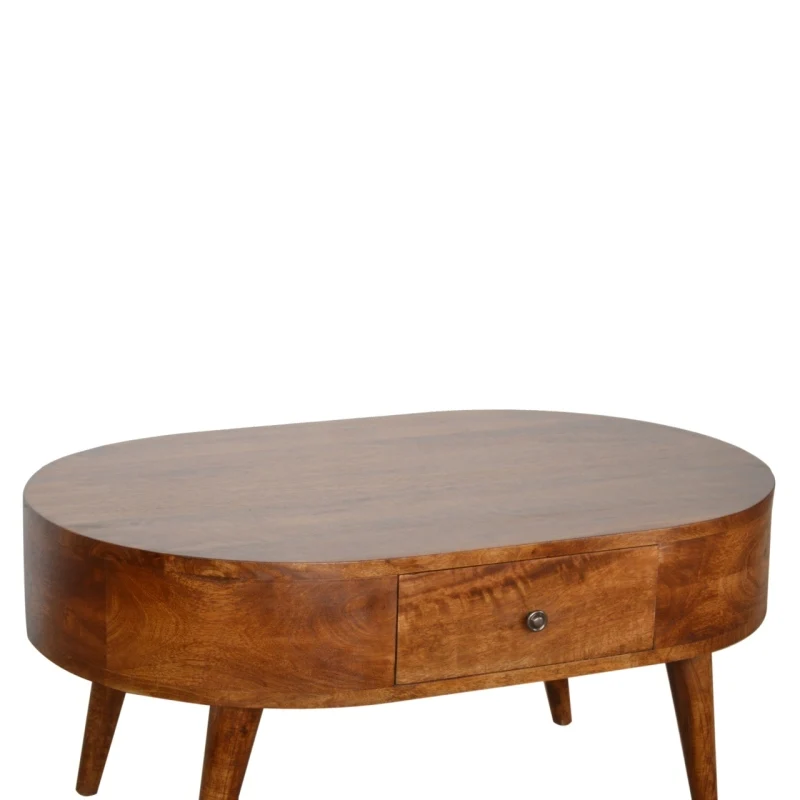 Chestnut Rounded Coffee Table, Nordic Legs, 2 Drawers, Brown