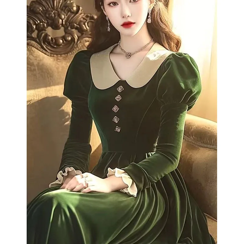 2025 Spring Autumn Golden Velvet Dress Women High End Casual Elegant Long-Sleeved Pullover Elegant Vestidos Green Dress Femme