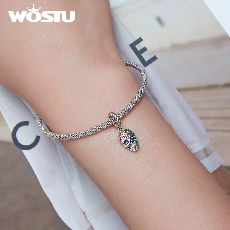Wostu 925 Sterling Silver Skull Pendants Halloween Bold Enamel Face Beads Fit Original Bracelet Charms Jewelry Making DIY Gift